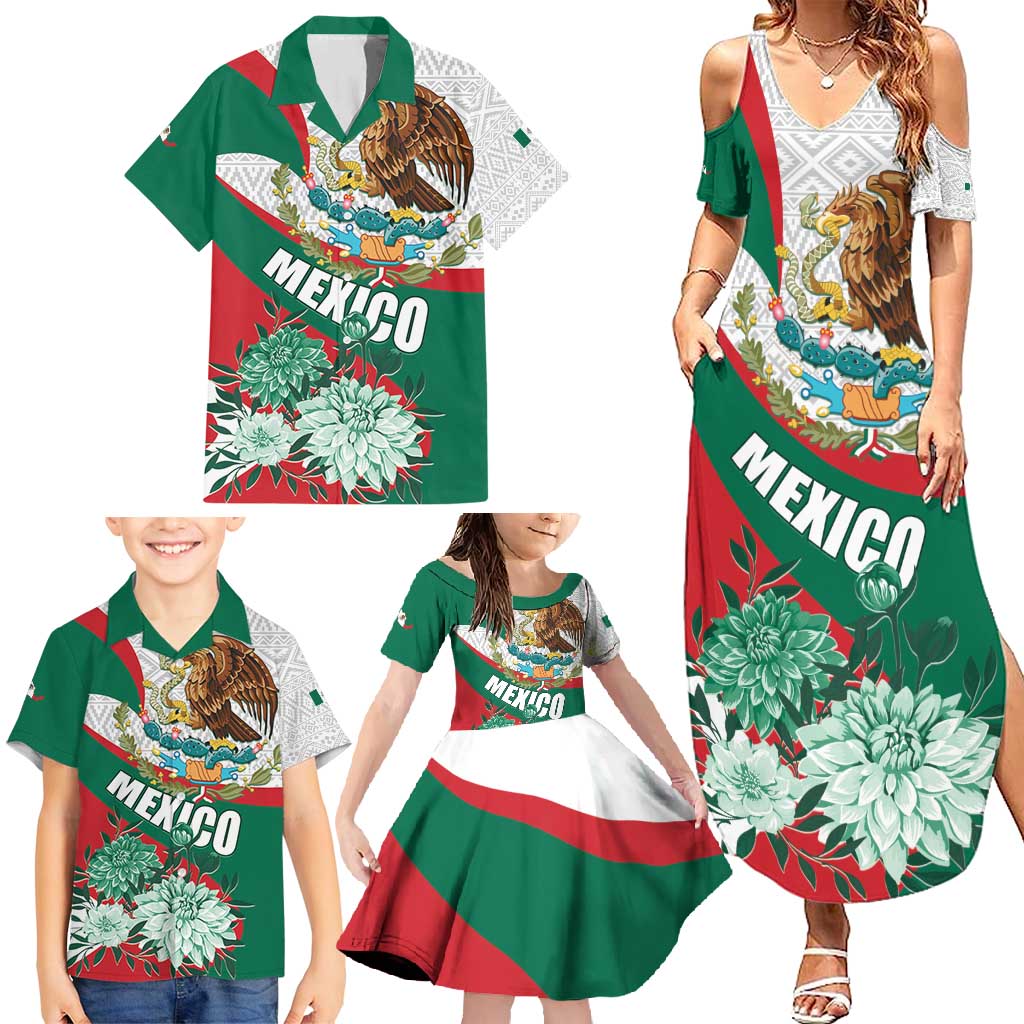 Mexico Independence Day Family Matching Summer Maxi Dress and Hawaiian Shirt Dahlia Flower Aztec Pattern