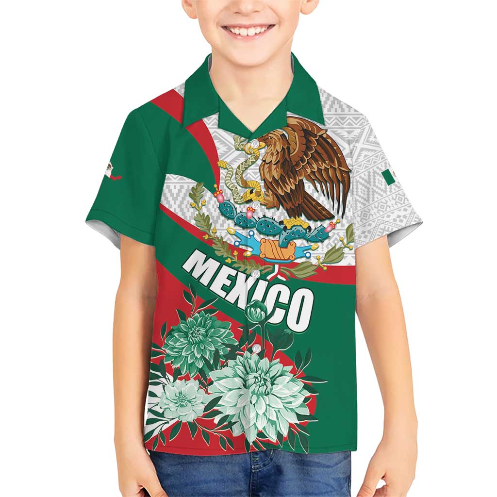 Mexico Independence Day Kid Hawaiian Shirt Dahlia Flower Aztec Pattern