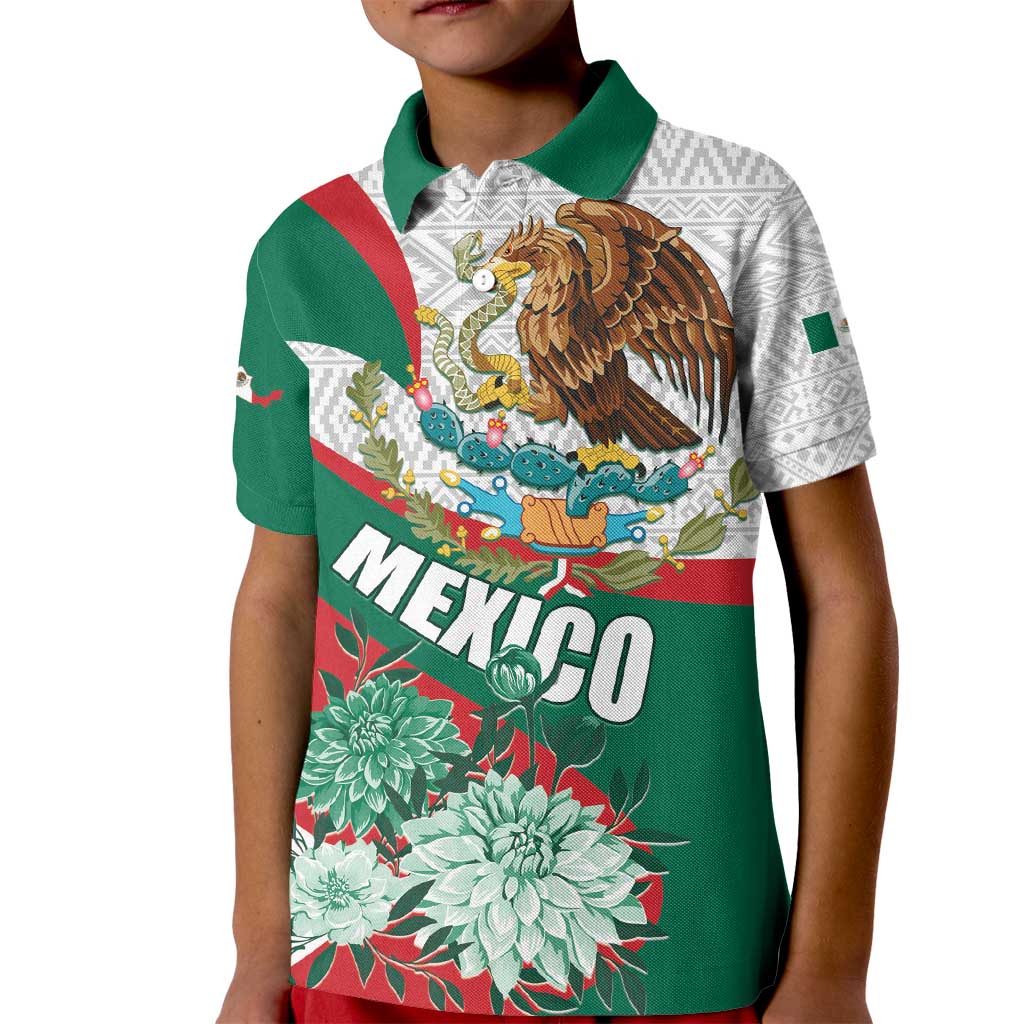 Mexico Independence Day Kid Polo Shirt Dahlia Flower Aztec Pattern