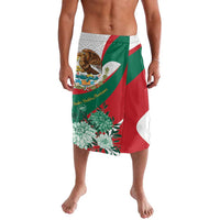 Printed wrap skirt in green, red, and white with large crest and flower design