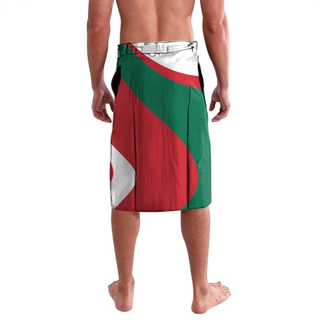 Printed wrap skirt with diagonal green and red panels, white accents, and flower print