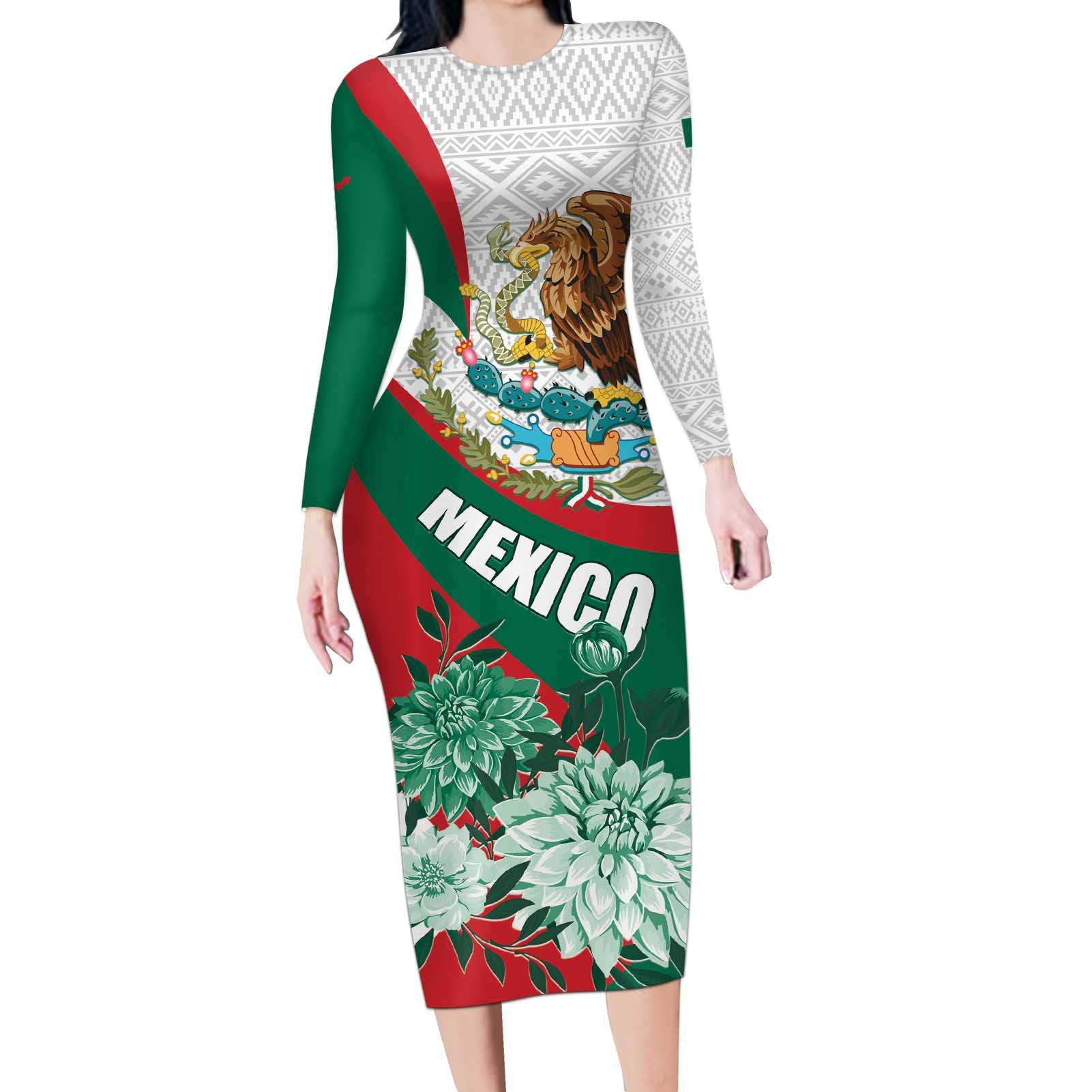 Mexico Independence Day Long Sleeve Bodycon Dress Dahlia Flower Aztec Pattern