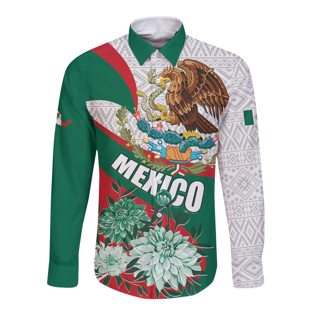 Mexico Independence Day Long Sleeve Button Shirt Dahlia Flower Aztec Pattern