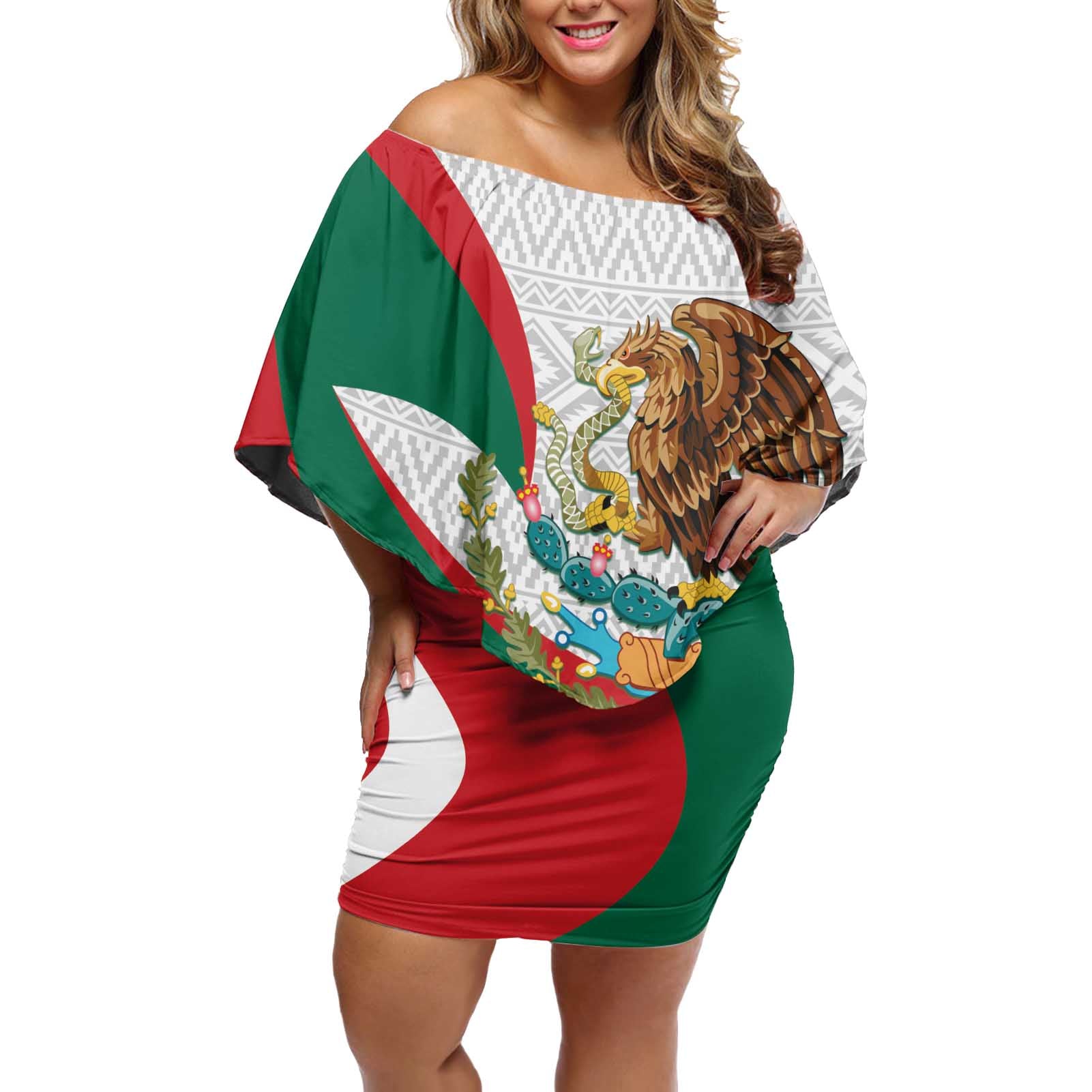 Mexico Independence Day Off Shoulder Short Dress Dahlia Flower Aztec Pattern