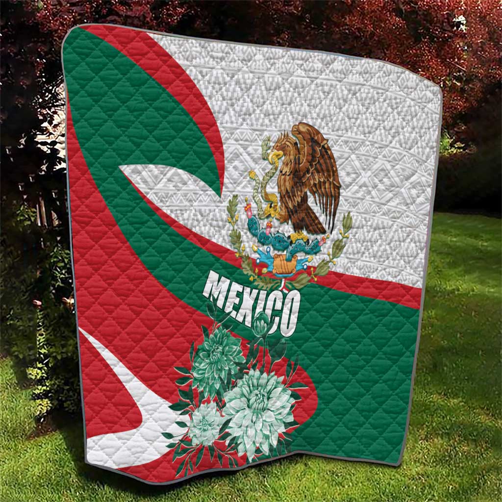 Mexico-themed quilt with quilted pattern, eagle crest, “Mexico” lettering, and big floral print