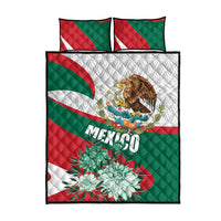 Quilt bed set with green/red/white striped quilt, eagle, flowers and 'MEXICO', plus 2 pillows.