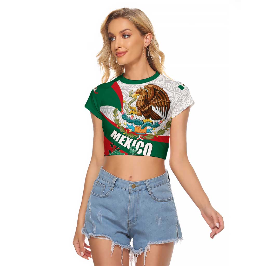 Mexico Independence Day Raglan Cropped T Shirt Dahlia Flower Aztec Pattern