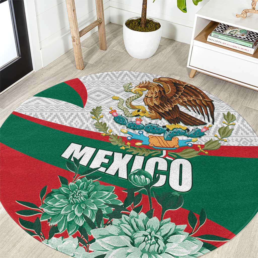 Round Mexican-themed rug with eagle, cactus flowers, and red green striped design