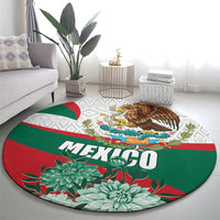Round Mexican-themed rug with eagle crest, “MEXICO” text, and green red floral details