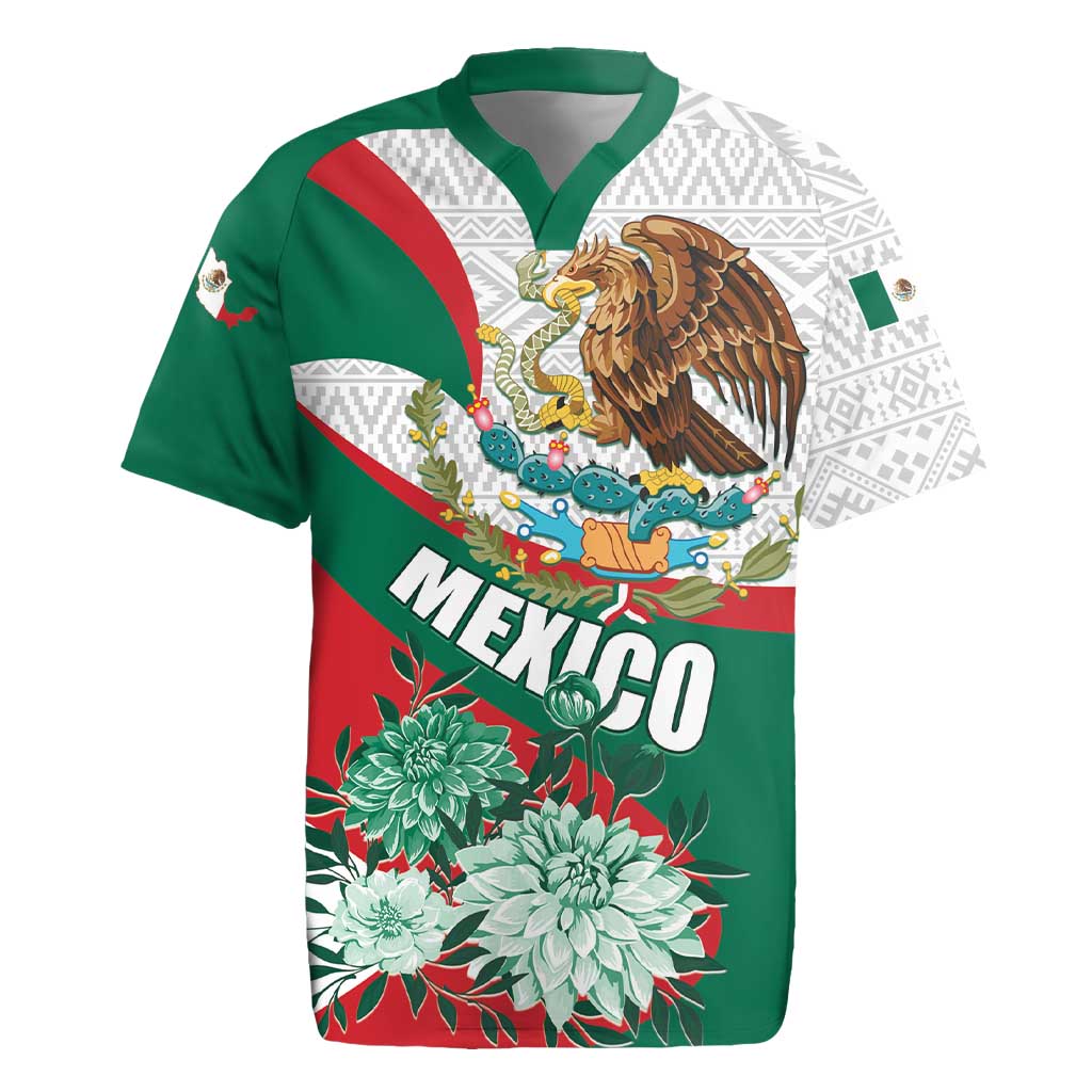 Mexico Independence Day Rugby Jersey Dahlia Flower Aztec Pattern