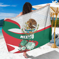 Mexico-themed sarong with eagle emblem, floral accents, and red-green stripes on white