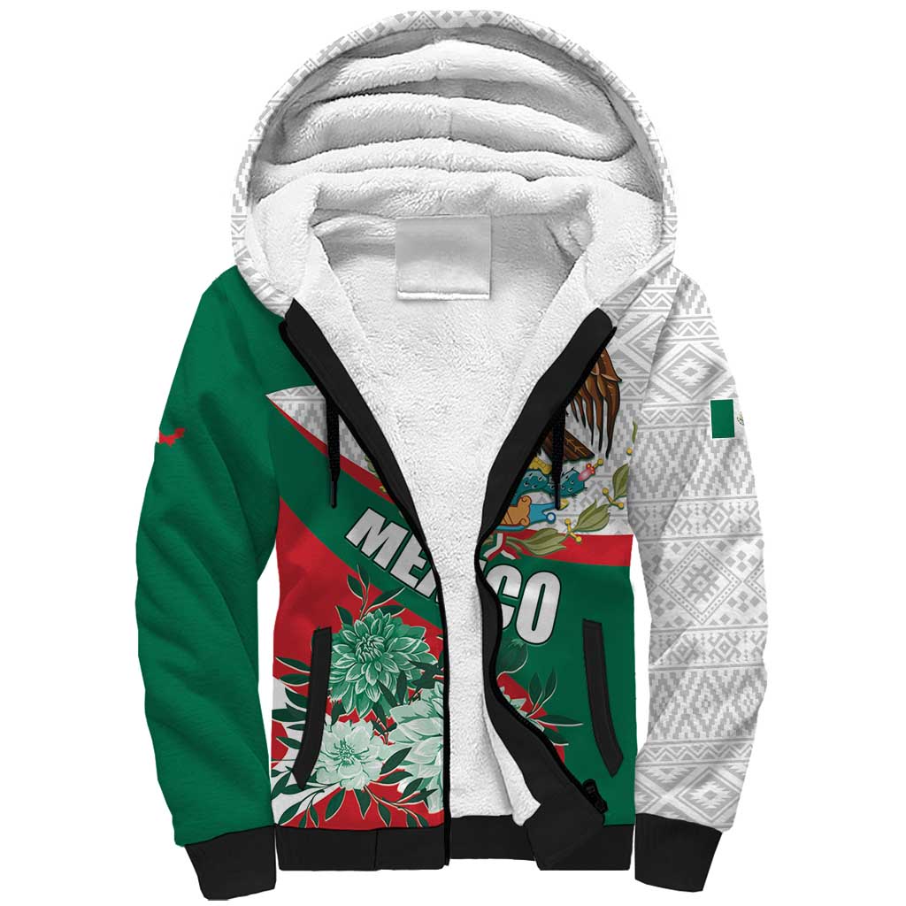 Mexico Independence Day Sherpa Hoodie Dahlia Flower Aztec Pattern