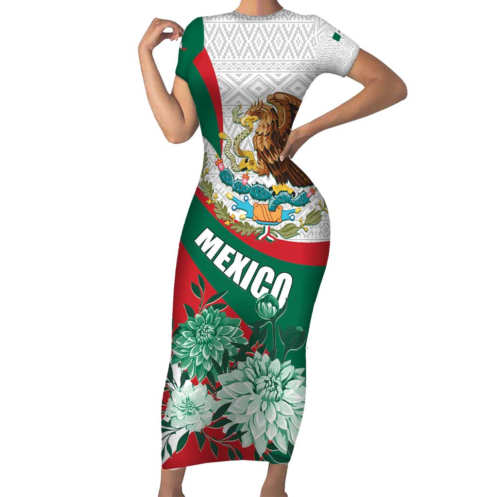 Mexico Independence Day Short Sleeve Bodycon Dress Dahlia Flower Aztec Pattern