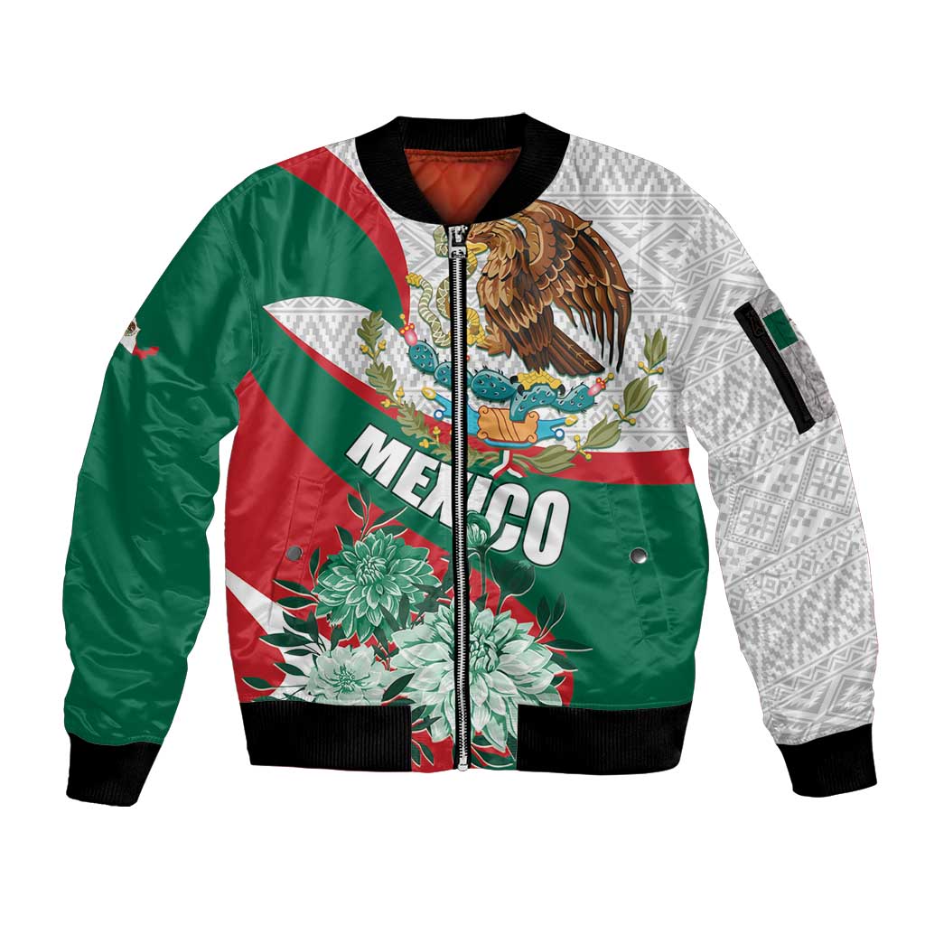 Mexico Independence Day Sleeve Zip Bomber Jacket Dahlia Flower Aztec Pattern