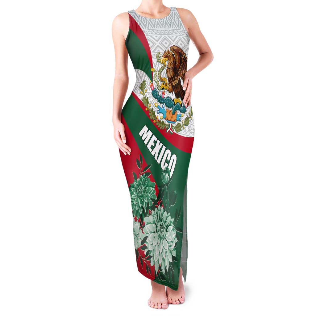 Mexico Independence Day Tank Maxi Dress Dahlia Flower Aztec Pattern