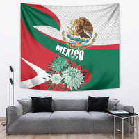 Mexico flag tapestry with eagle crest, "MEXICO" lettering, and turquoise flower bouquet