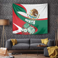 Mexico flag wall tapestry with eagle crest, "MEXICO" text, and large floral accents