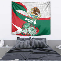 Mexico flag tapestry featuring eagle emblem, "MEXICO" lettering, and green flower bouquet