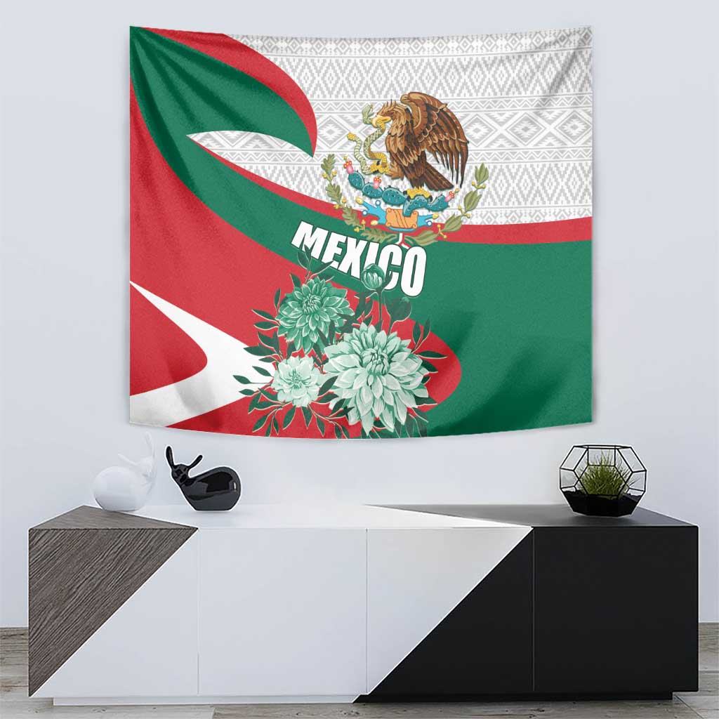 Mexico flag tapestry with eagle crest and flower bouquet, "MEXICO" centered