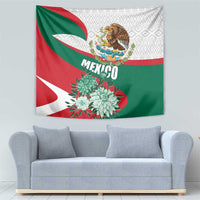 Mexico flag tapestry with eagle emblem, "MEXICO" text, and teal flower cluster