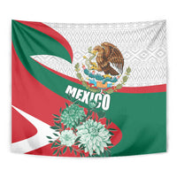 Mexico flag tapestry close-up with eagle emblem, "MEXICO" lettering, and floral bouquet