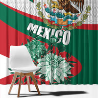 Mexico themed curtain with bold eagle text and large teal flower clusters