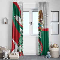 Mexico themed curtain pair with red-and-green stripes, eagle emblem, and flowers