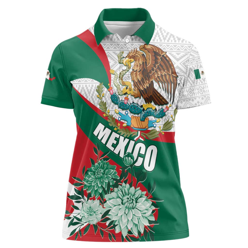 Mexico Independence Day Women Polo Shirt Dahlia Flower Aztec Pattern