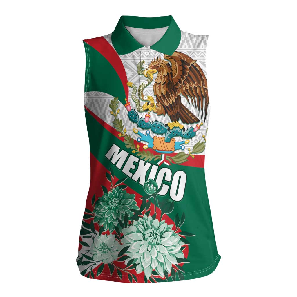 Mexico Independence Day Women Sleeveless Polo Shirt Dahlia Flower Aztec Pattern