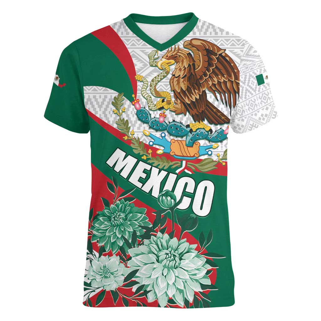 Mexico Independence Day Women V-Neck T-Shirt Dahlia Flower Aztec Pattern