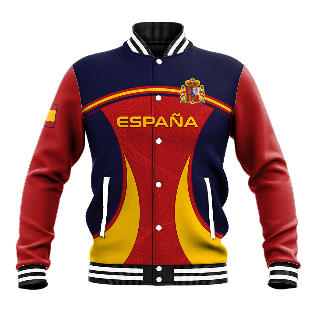 Men's red, navy and yellow Spain football baseball jacket with front crest and snap buttons