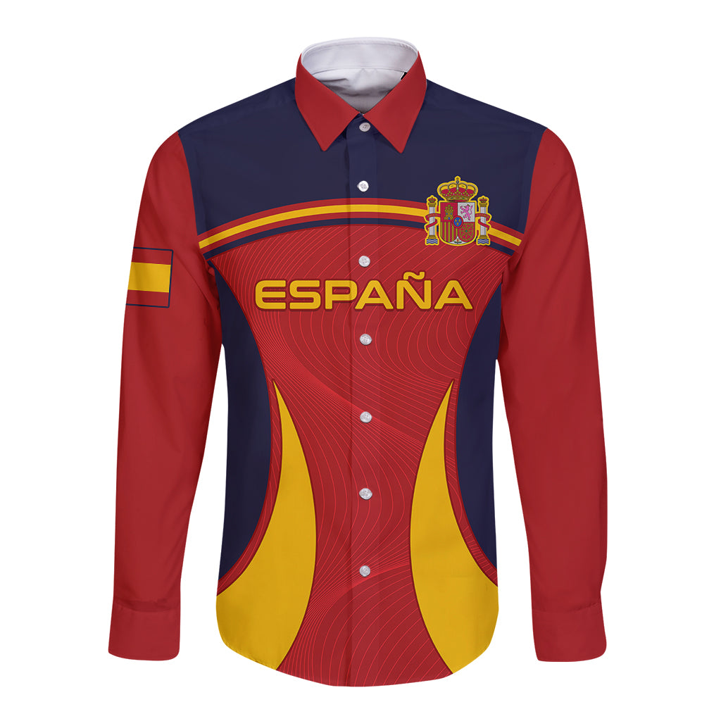 Spain long-sleeve button shirt in red and navy with crest and ESPAÑA text