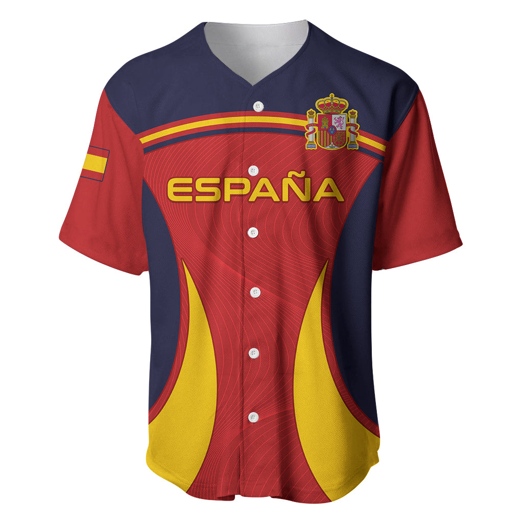 Spain baseball jersey in red, navy, and yellow with button front and crest