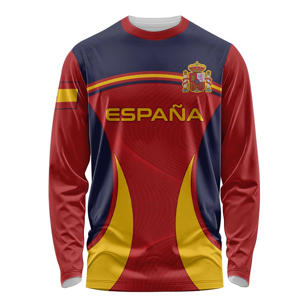 Long sleeve Spain football shirt in red, navy, and yellow with crest and ESPAÑA text