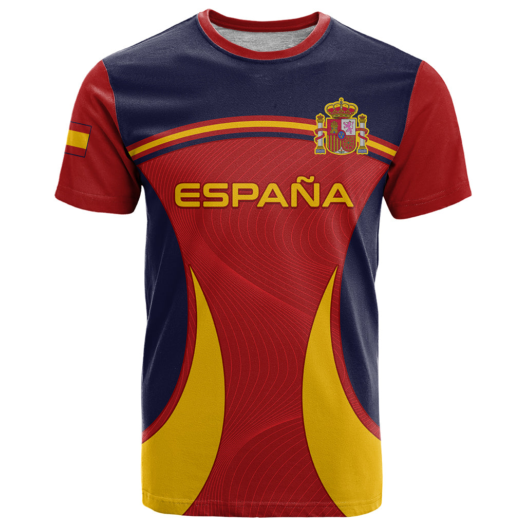 Spain football t-shirt with red, navy, and yellow graphic front