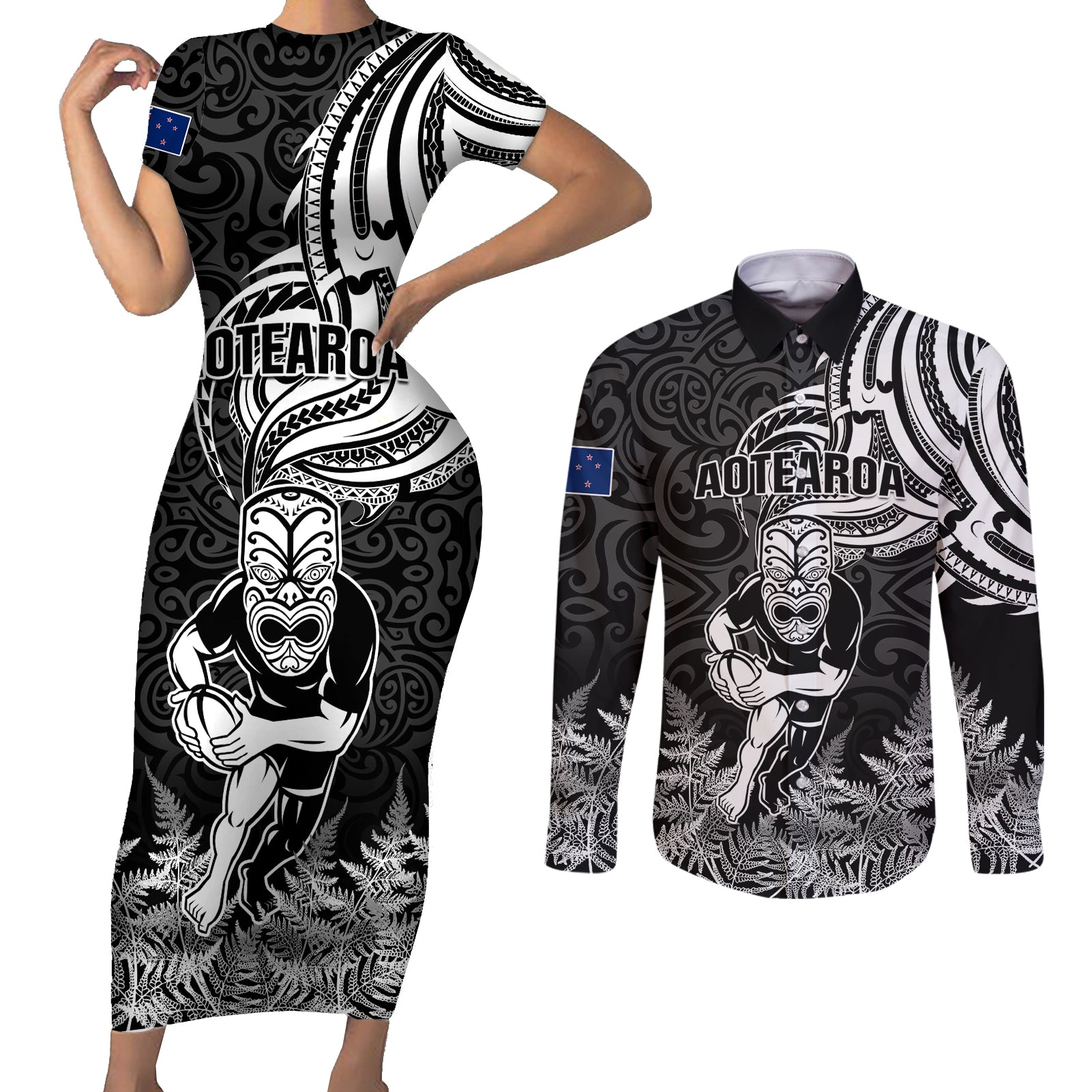 New Zealand Silver Fern Rugby Couples Matching Short Sleeve Bodycon Dress and Long Sleeve Button Shirts Maori Tiki Player With Ta Moko Tribal - Wonder Print Shop