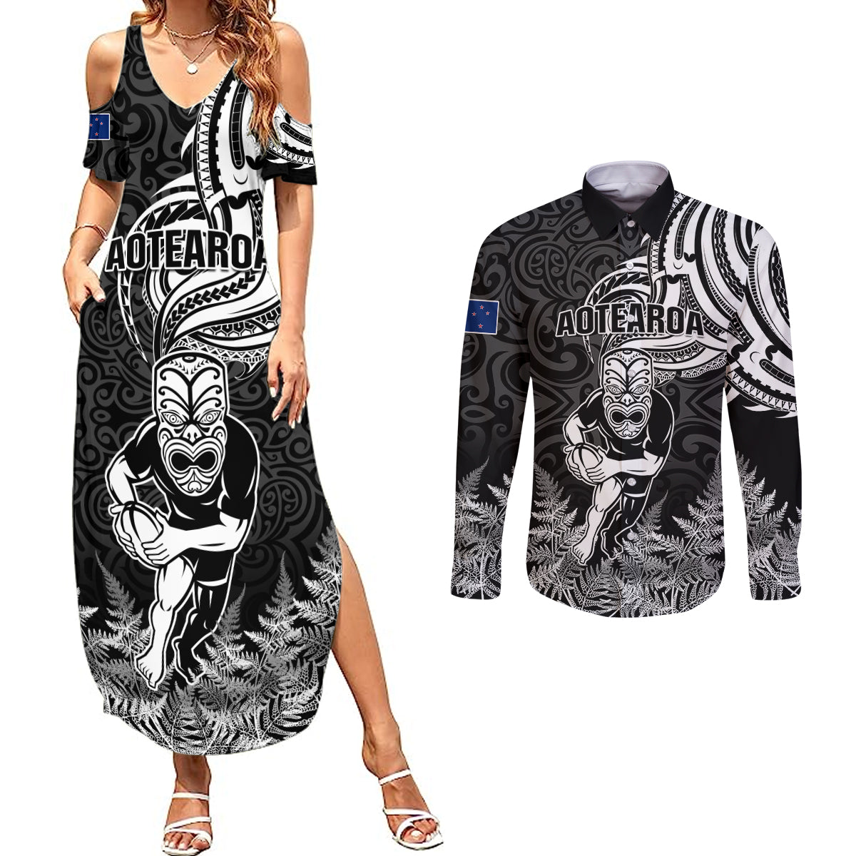 New Zealand Silver Fern Rugby Couples Matching Summer Maxi Dress and Long Sleeve Button Shirts Maori Tiki Player With Ta Moko Tribal - Wonder Print Shop