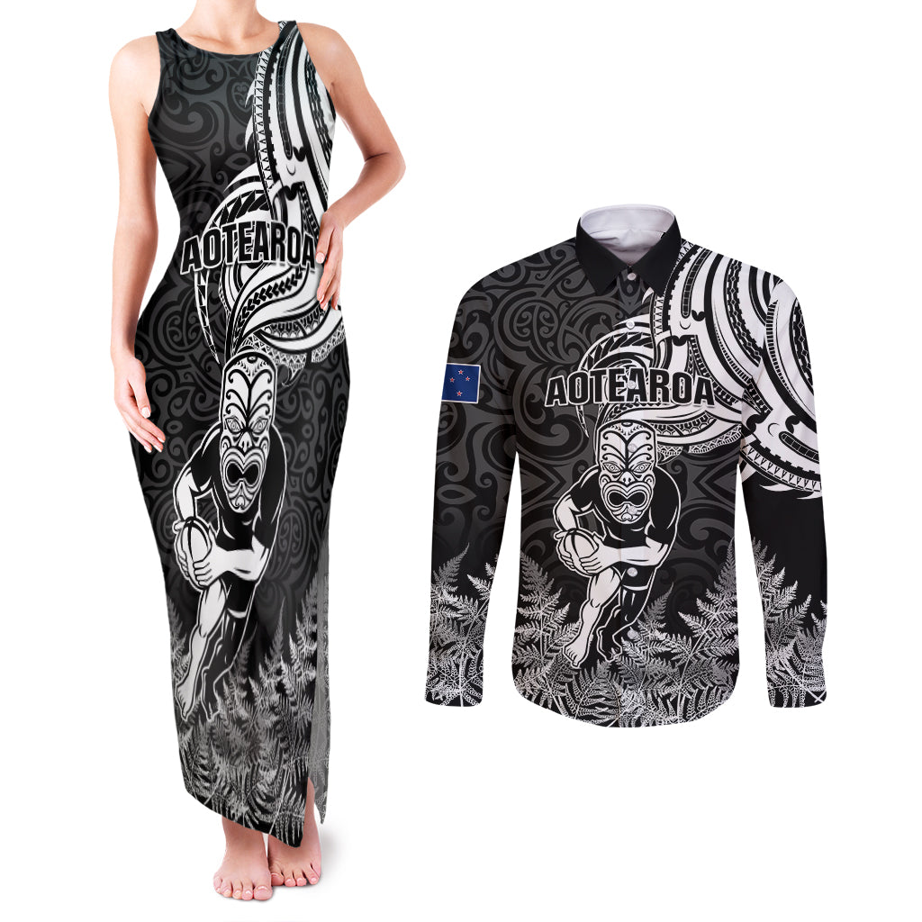 New Zealand Silver Fern Rugby Couples Matching Tank Maxi Dress and Long Sleeve Button Shirts Maori Tiki Player With Ta Moko Tribal - Wonder Print Shop