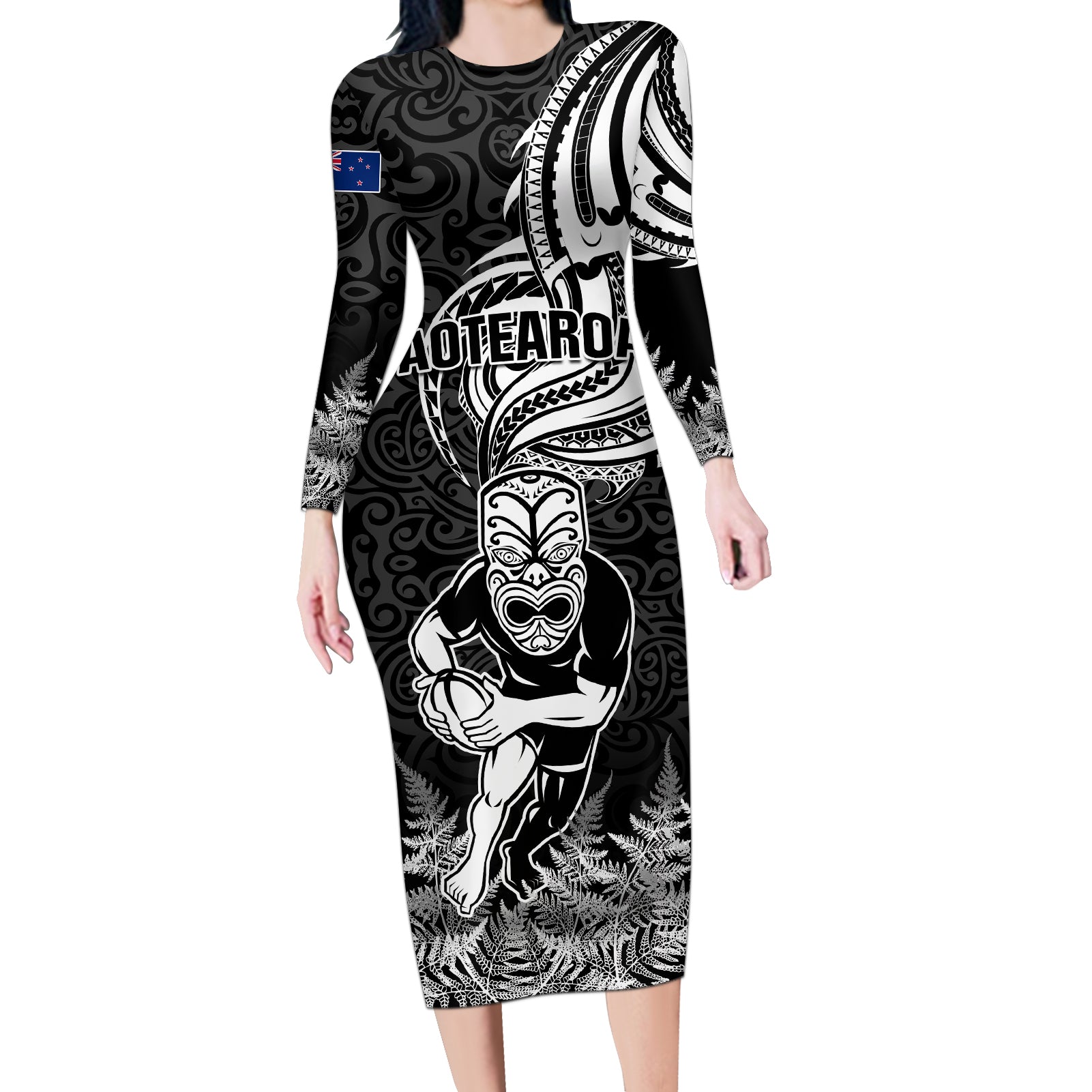 New Zealand Silver Fern Rugby Long Sleeve Bodycon Dress Maori Tiki Player With Ta Moko Tribal - Wonder Print Shop