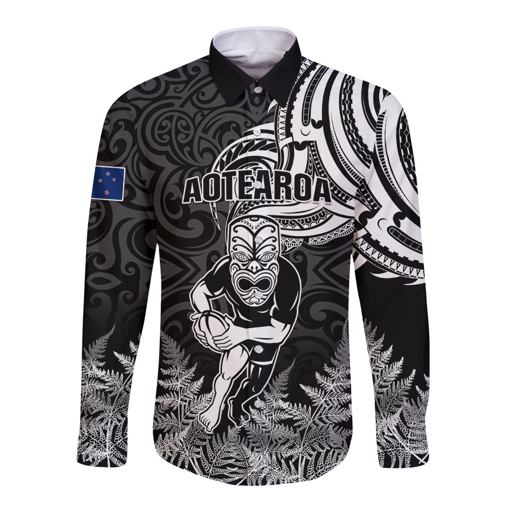 New Zealand Silver Fern Rugby Long Sleeve Button Shirt Maori Tiki Player With Ta Moko Tribal - Wonder Print Shop