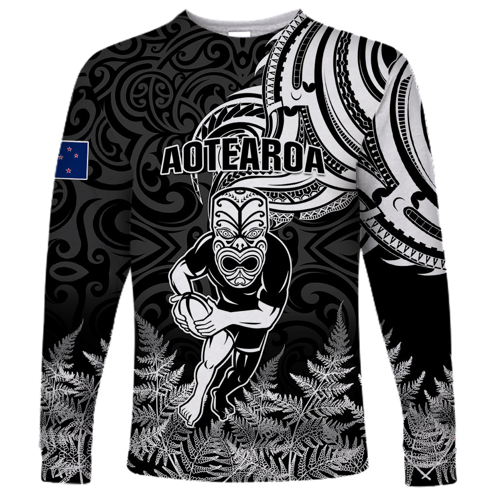 New Zealand Silver Fern Rugby Long Sleeve Shirt Maori Tiki Player With Ta Moko Tribal - Wonder Print Shop