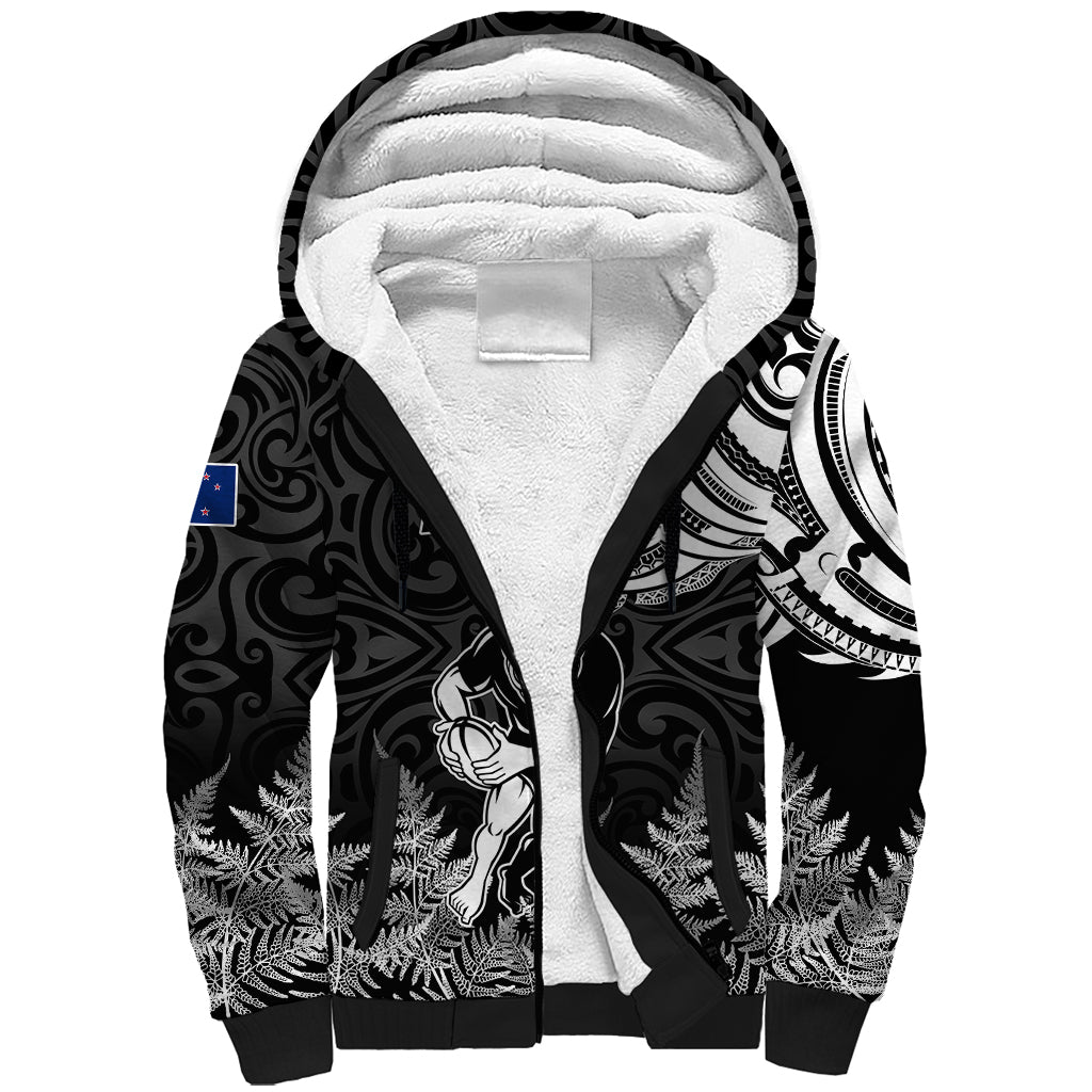 New Zealand Silver Fern Rugby Sherpa Hoodie Maori Tiki Player With Ta Moko Tribal - Wonder Print Shop