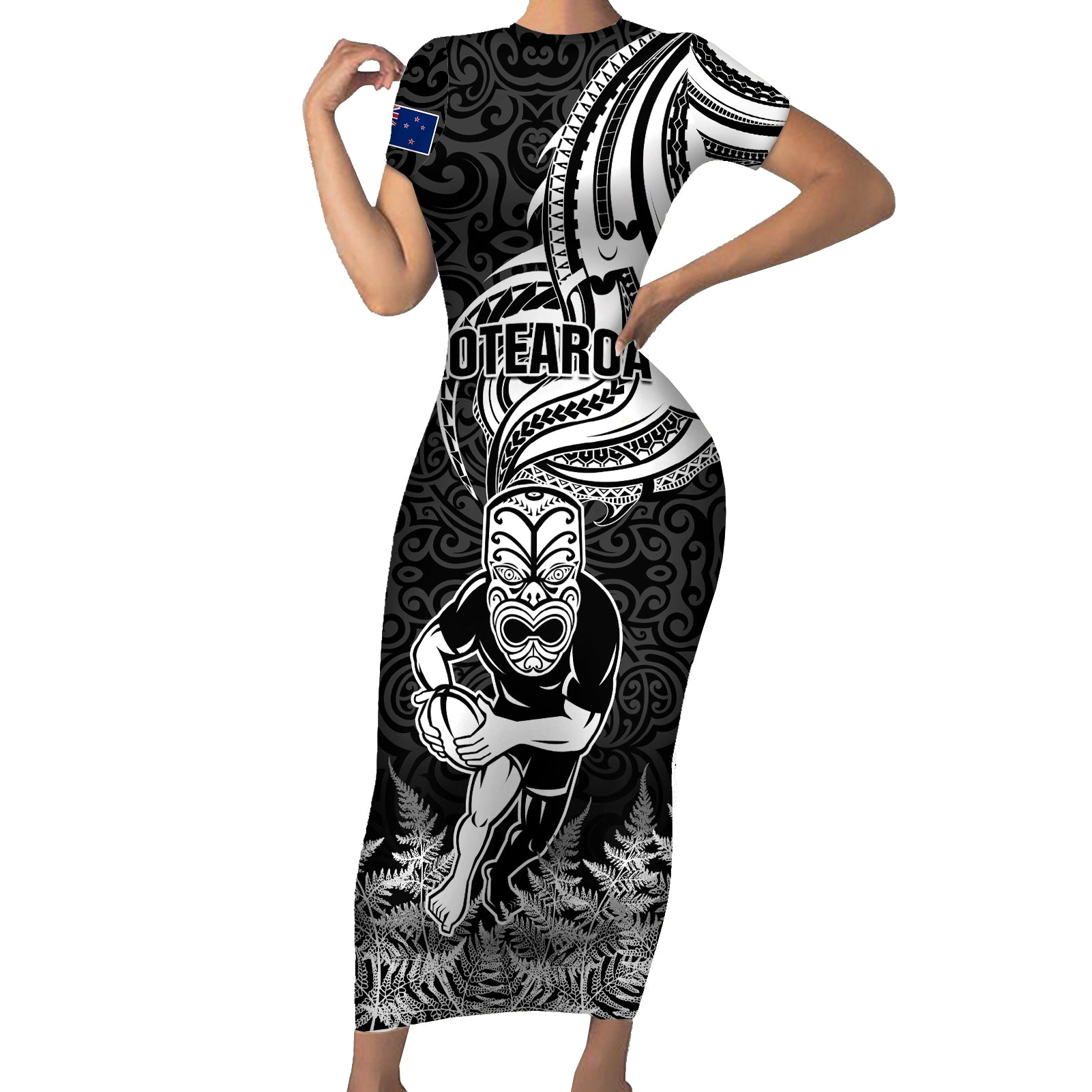 New Zealand Silver Fern Rugby Short Sleeve Bodycon Dress Maori Tiki Player With Ta Moko Tribal - Wonder Print Shop