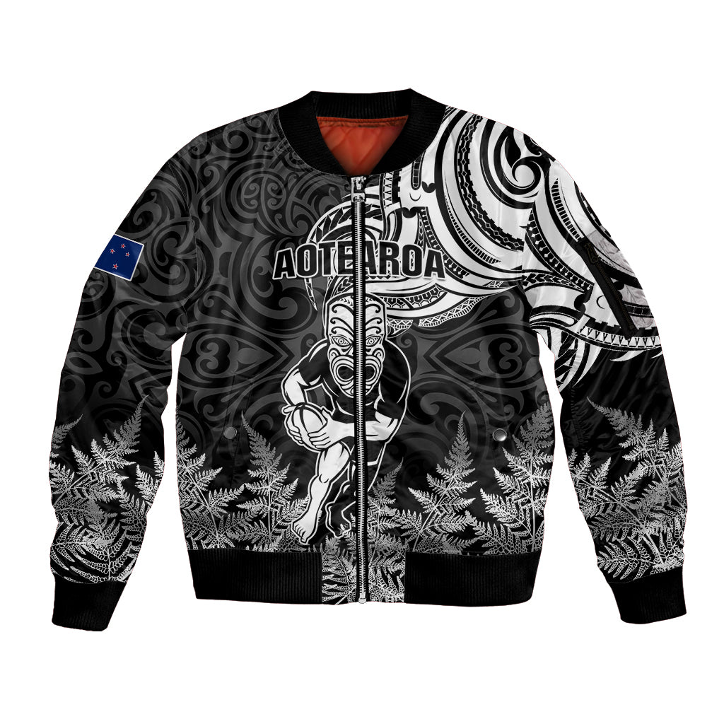 New Zealand Silver Fern Rugby Sleeve Zip Bomber Jacket Maori Tiki Player With Ta Moko Tribal - Wonder Print Shop