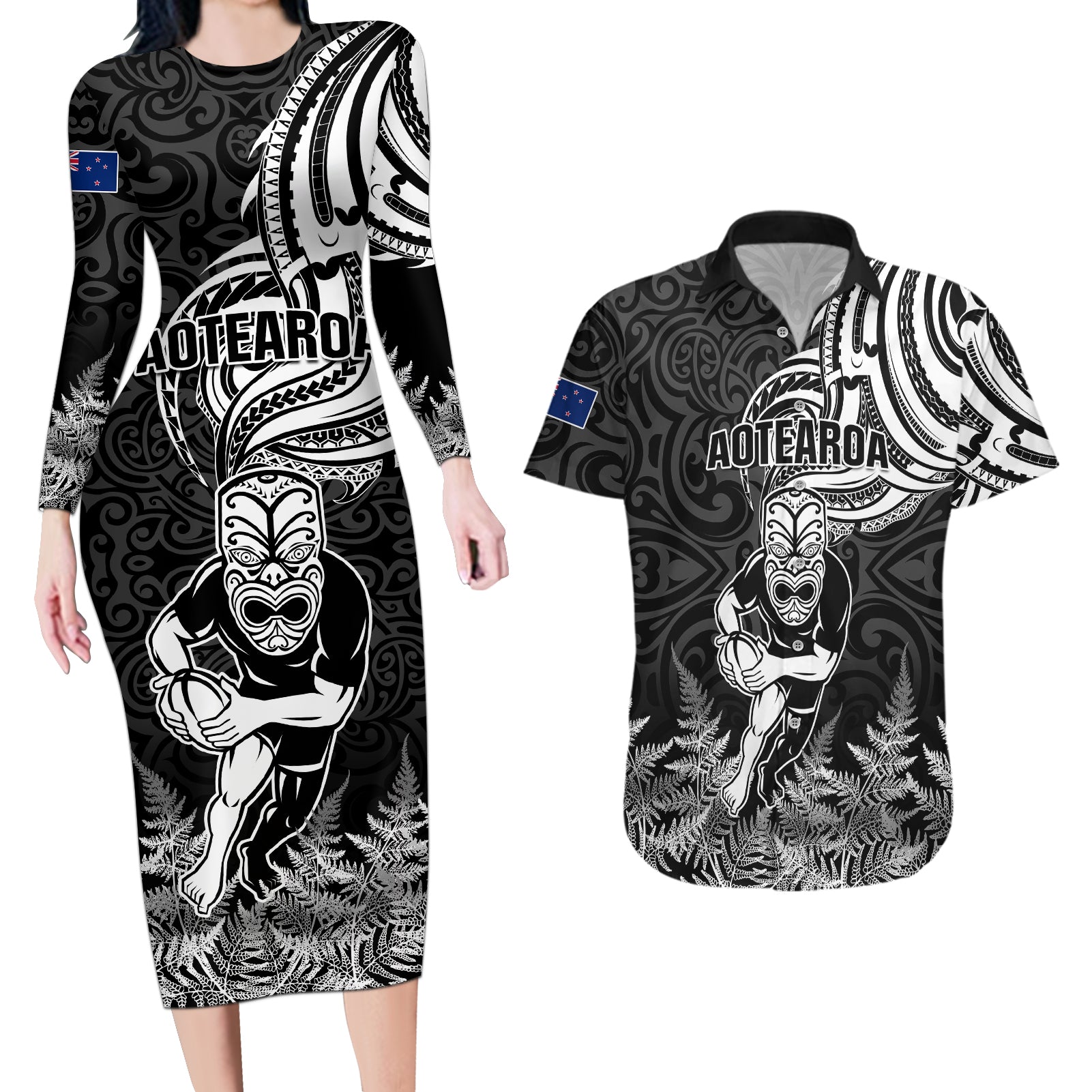 Custom New Zealand Silver Fern Rugby Couples Matching Long Sleeve Bodycon Dress and Hawaiian Shirt Maori Tiki Player With Ta Moko Tribal - Wonder Print Shop