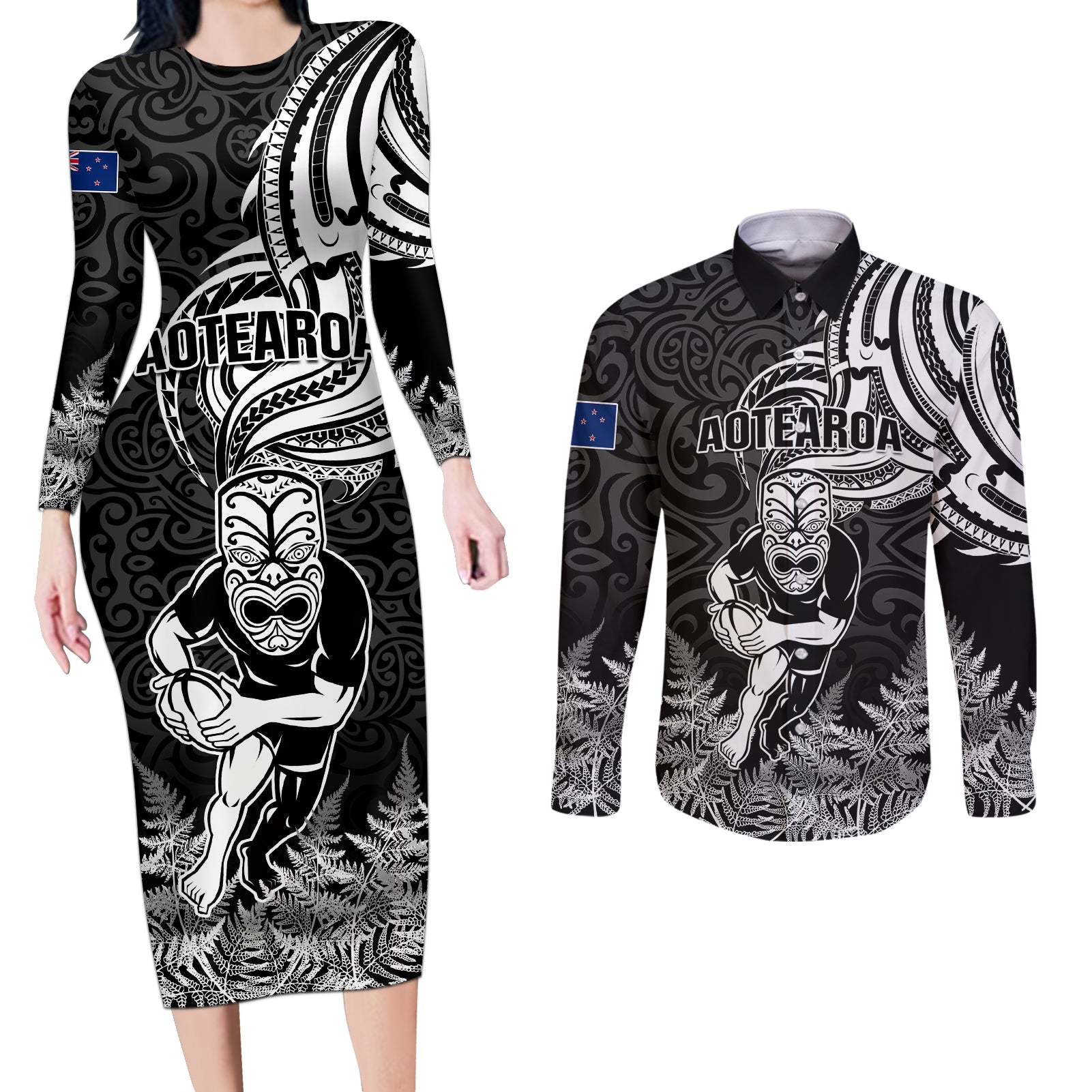 Custom New Zealand Silver Fern Rugby Couples Matching Long Sleeve Bodycon Dress and Long Sleeve Button Shirts Maori Tiki Player With Ta Moko Tribal - Wonder Print Shop