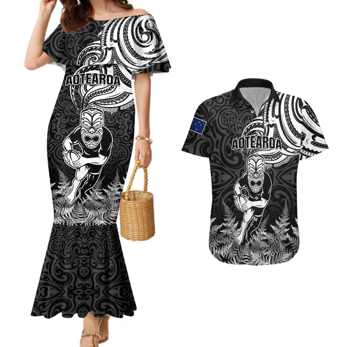 Custom New Zealand Silver Fern Rugby Couples Matching Mermaid Dress and Hawaiian Shirt Maori Tiki Player With Ta Moko Tribal - Wonder Print Shop