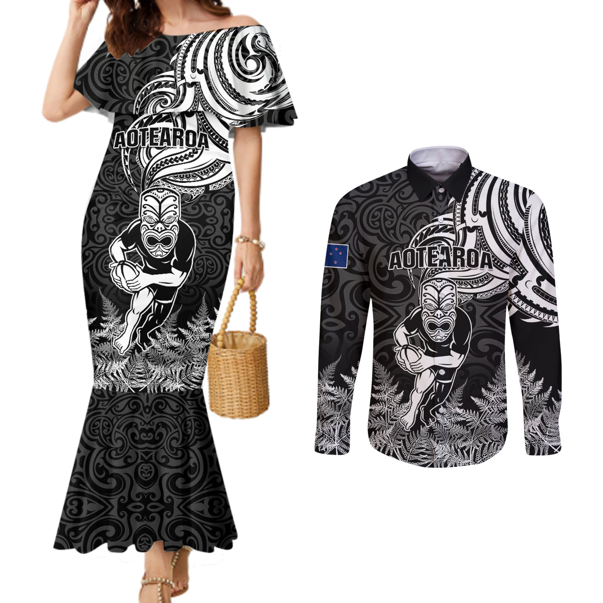 custom-new-zealand-silver-fern-rugby-couples-matching-mermaid-dress-and-long-sleeve-button-shirts-maori-tiki-player-with-ta-moko-tribal