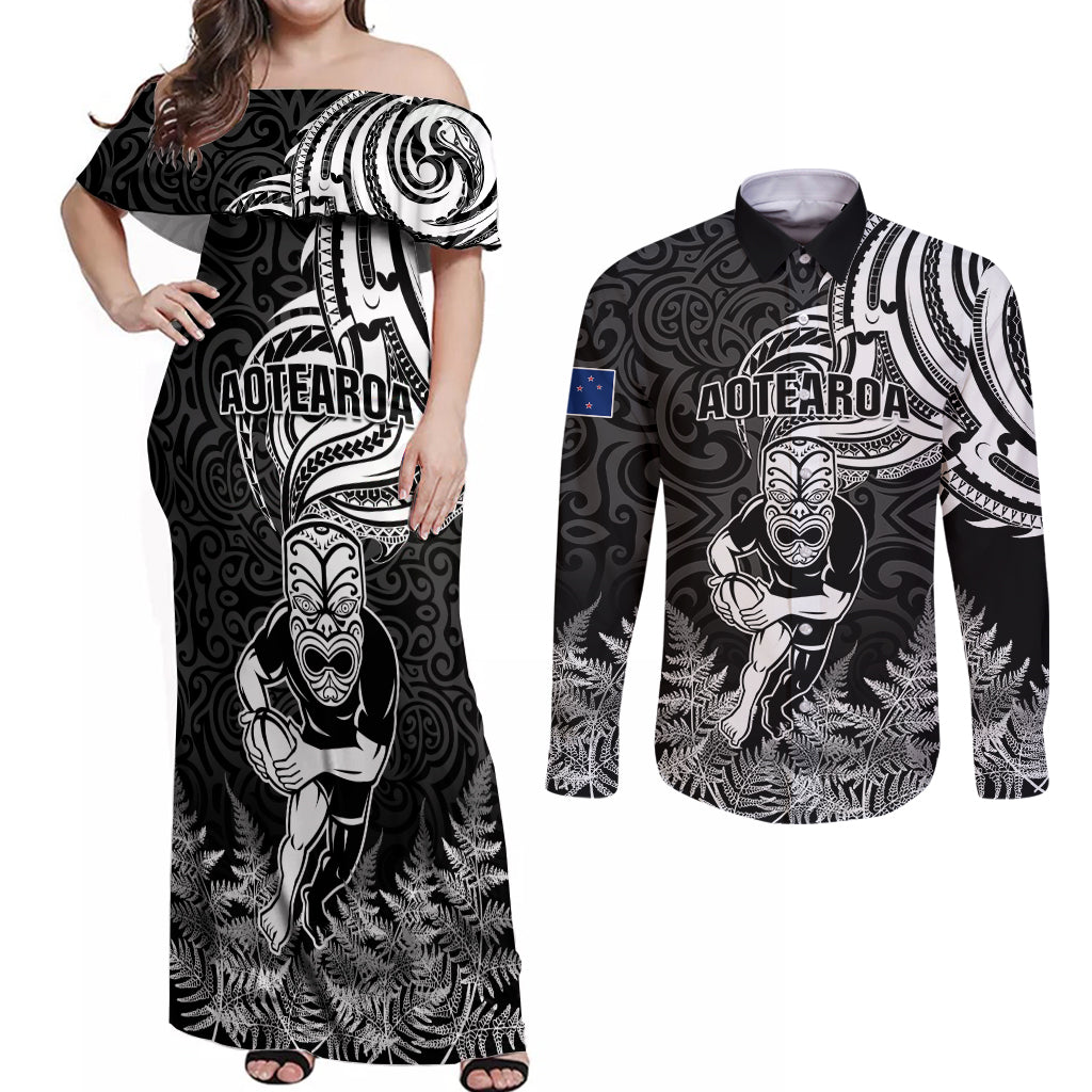 Custom New Zealand Silver Fern Rugby Couples Matching Off Shoulder Maxi Dress and Long Sleeve Button Shirts Maori Tiki Player With Ta Moko Tribal - Wonder Print Shop