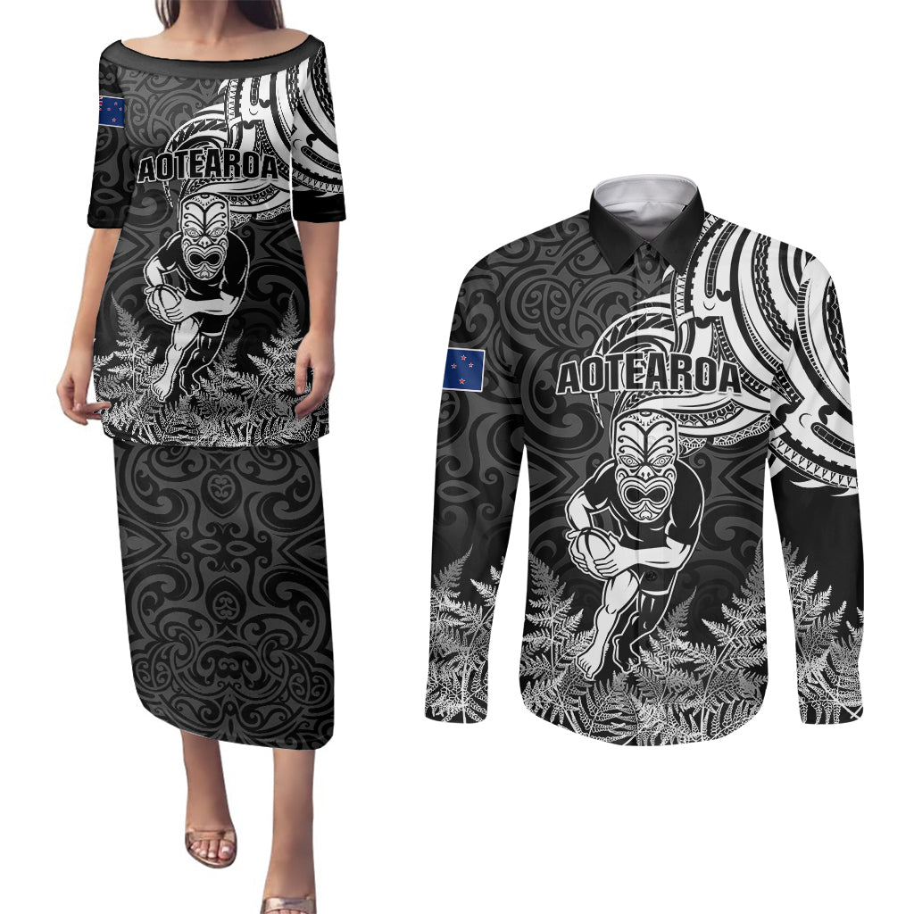 Custom New Zealand Silver Fern Rugby Couples Matching Puletasi Dress and Long Sleeve Button Shirts Maori Tiki Player With Ta Moko Tribal - Wonder Print Shop